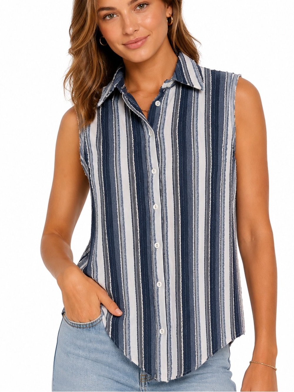 🐚🪼 2/15$ 🪼🐚 Sleeveless Navy Stripe Denim Looking Button-Front Shirt